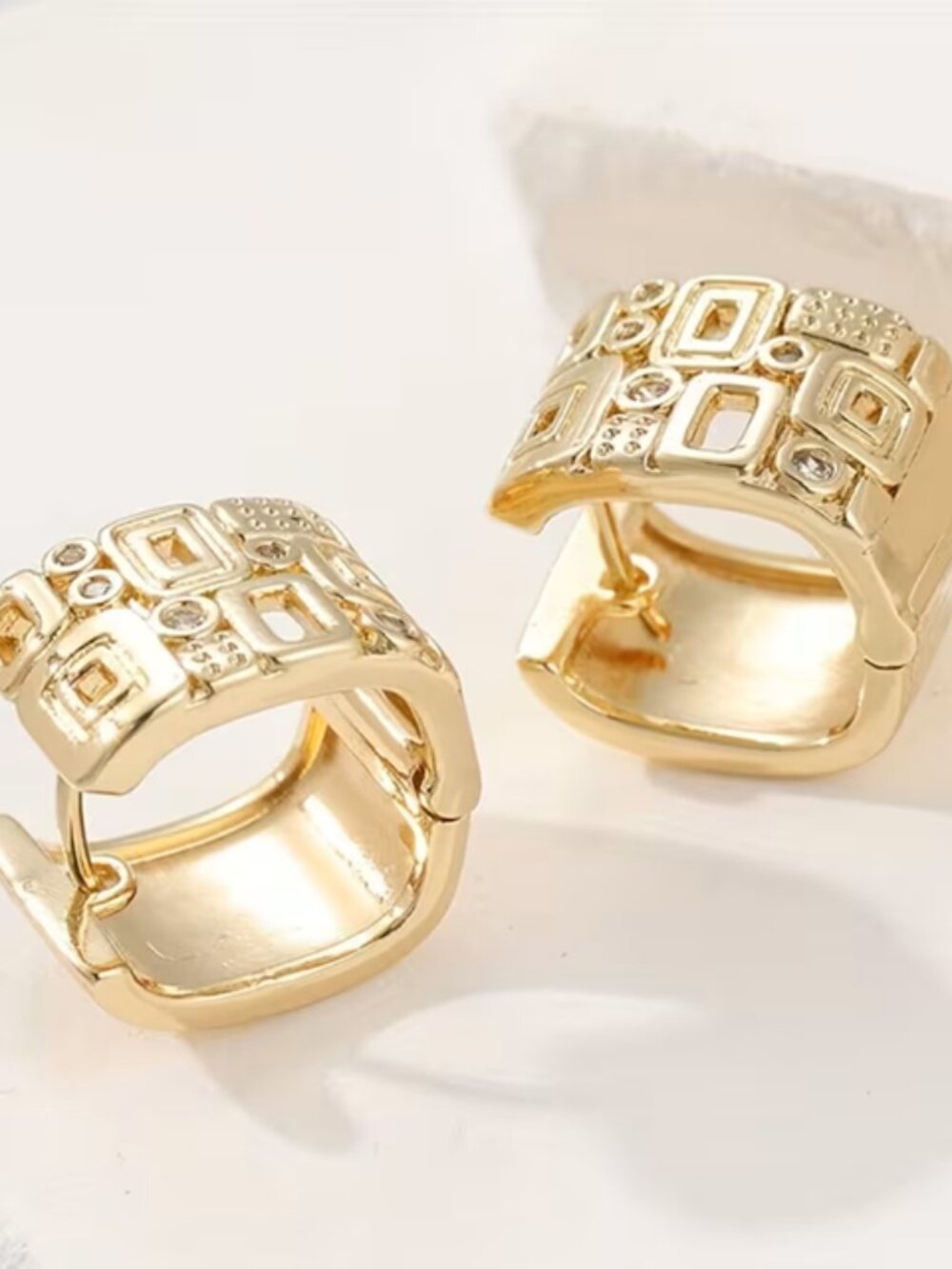 "Picasso" Wide Gold Geometric Huggie Hoop Earrings w/ Sparkling CZ Diamond Inlay